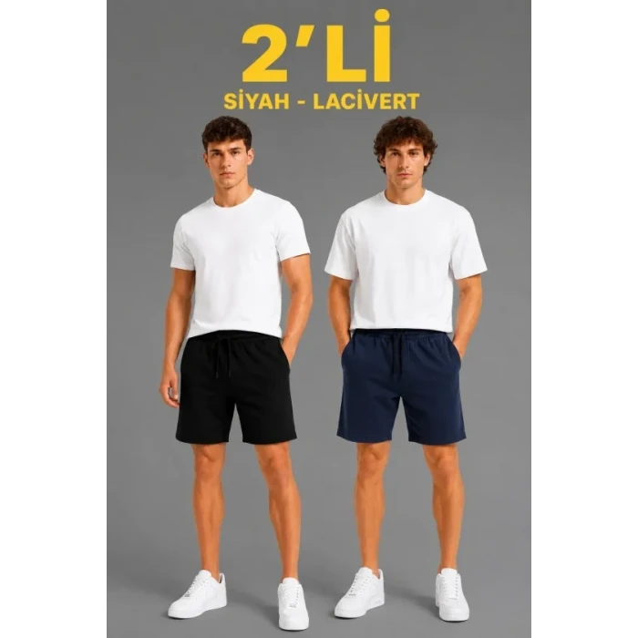 Erkek 2li Pamuklu Şort 3 İplik Şardonsuz Cepli Lastikli Bağcıklı Regular Fit - Siyah - Lacivert