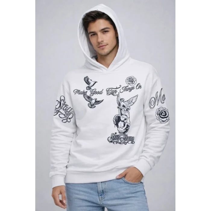 Erkek 3 İplik Pamuklu Kapüşonlu Baskılı Sweatshirt Hoodie - Beyaz