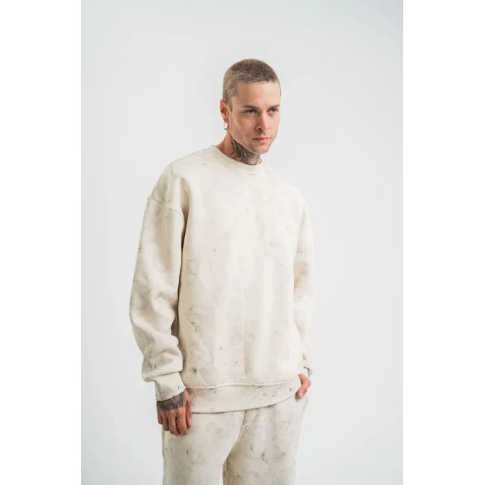 Erkek 3 İplik Pamuklu Yağ Yıkamalı Sweatshirt Double Oversize Bisiklet Yaka Uzun Kol - Krem