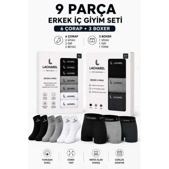Erkek 9lu İç Giyim Seti Pamuklu 3 Boxer 6 Çorap Çoklu Paket - Siyah - Füme - Gri - Beyaz
