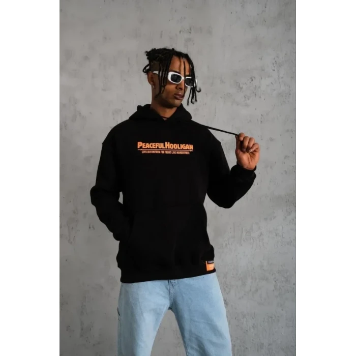 Erkek Armalı Baskılı Kapüşonlu Sweatshirt - Siyah