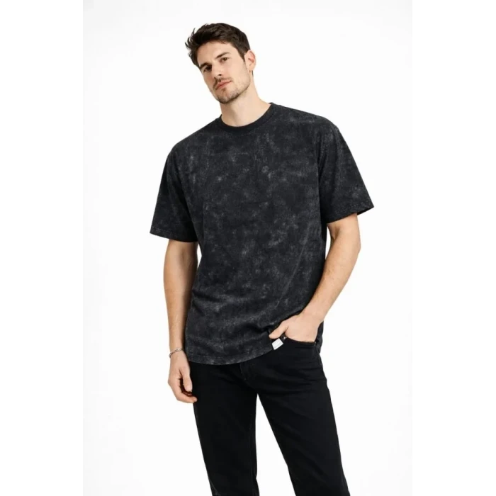 Erkek Asit Yıkama Bisiklet Yaka Kısa Kollu Oversize T-shirt Tişört - Siyah