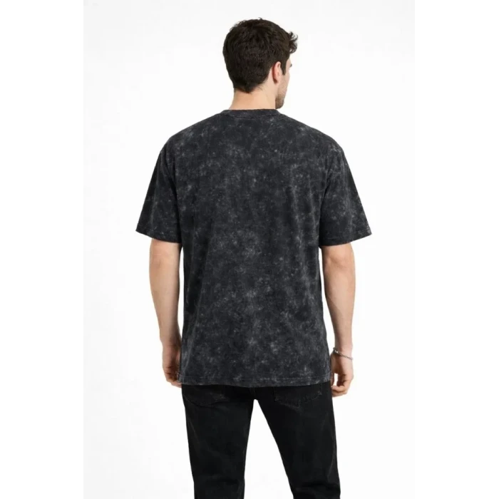 Erkek Asit Yıkama Bisiklet Yaka Kısa Kollu Oversize T-shirt Tişört - Siyah