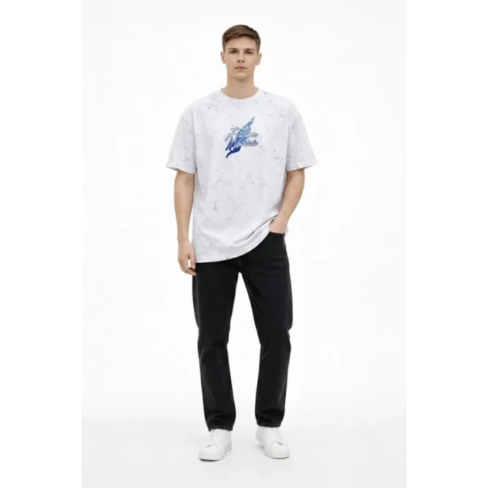 Erkek Asit Yıkamalı Oversize Tişört Future Worlds Baskılı Bisiklet Yaka Kısa Kollu Streetwear %100 Pamuk Street Style T-shirt - Beyaz