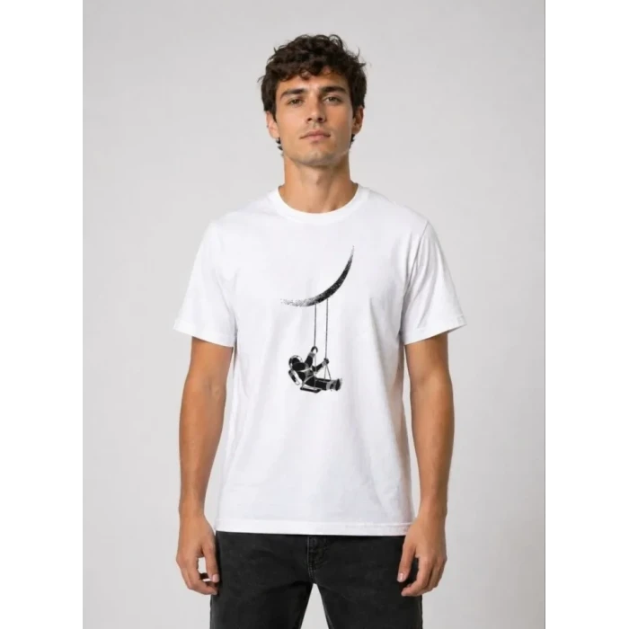 Erkek Astronot Ay Temalı Tişört Kısa Kol Yazlık Bisiklet Yaka T-shirt - Beyaz