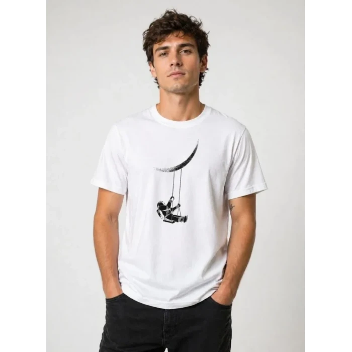 Erkek Astronot Ay Temalı Tişört Kısa Kol Yazlık Bisiklet Yaka T-shirt - Beyaz