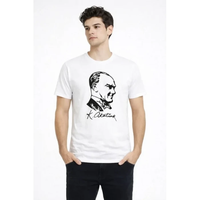 Erkek Atatürk Baskılı Tişört Kısa Kollu Bisiklet Yaka T-shirt - Beyaz