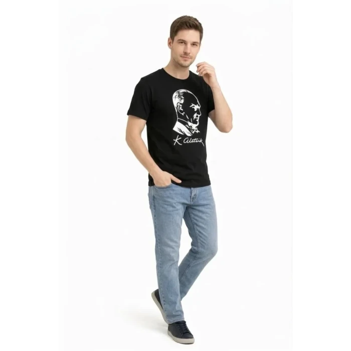 Erkek Atatürk Baskılı Tişört Kısa Kollu Bisiklet Yaka T-shirt - Siyah