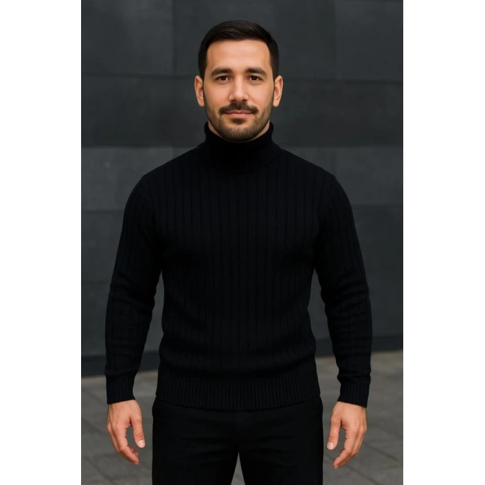 Erkek Balıkcı Yaka Bağazlı Triko Kazak Pamuklu Kalın Fitilli Dokuma, Regular Fit Uzun Kollu Kışlık Model - Siyah