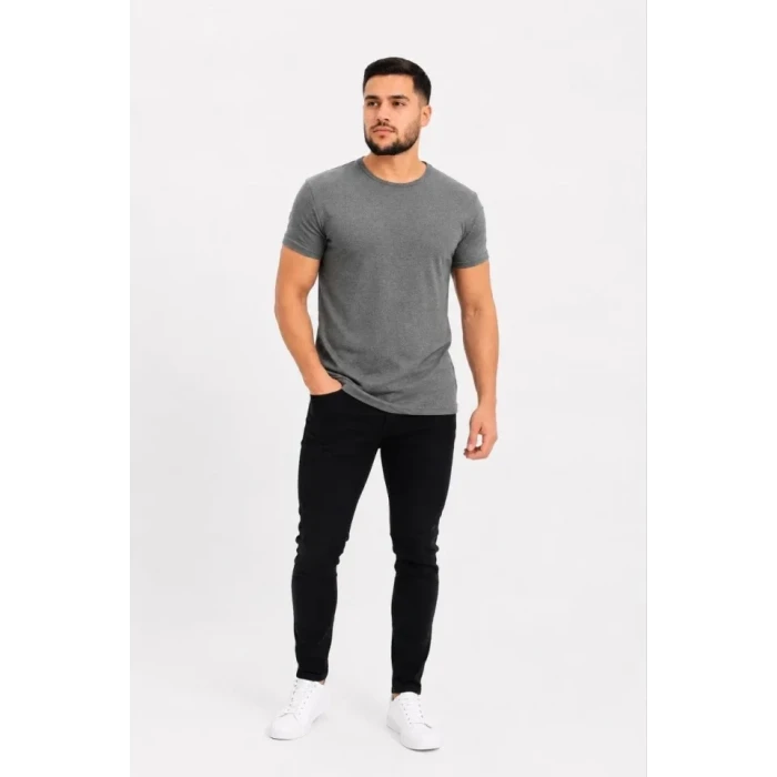 Erkek Basic Tişört Bisiklet Yaka Kısa Kol Günlük Yazlık Slim Fit T-shirt - Antrasit