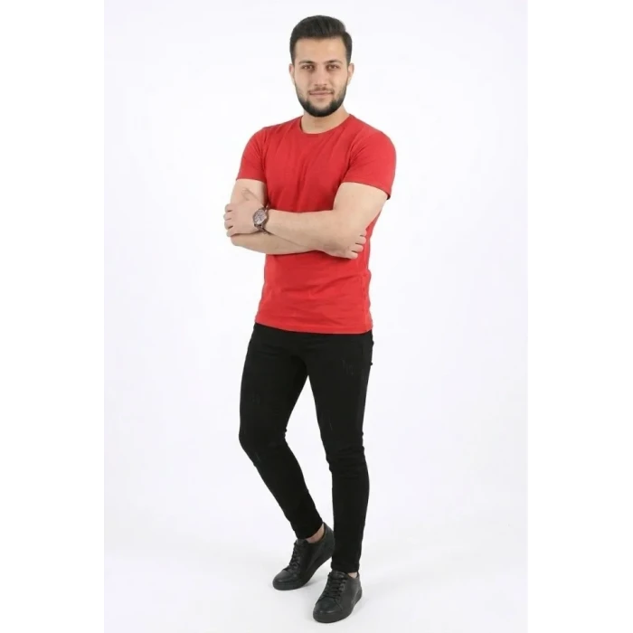 Erkek Basic Tişört Bisiklet Yaka Kısa Kol Günlük Yazlık Slim Fit T-shirt - Kırmızı