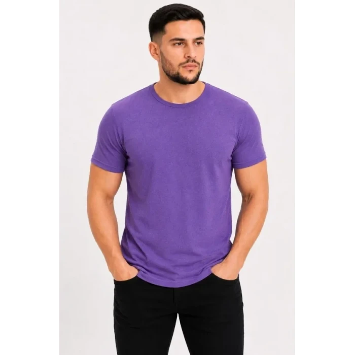 Erkek Basic Tişört Bisiklet Yaka Kısa Kol Günlük Yazlık Slim Fit T-shirt - Mor