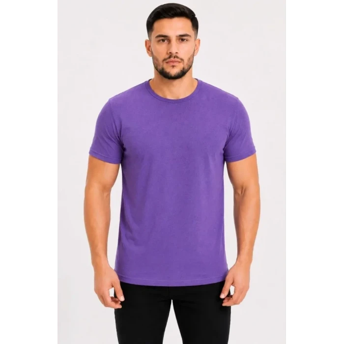 Erkek Basic Tişört Bisiklet Yaka Kısa Kol Günlük Yazlık Slim Fit T-shirt - Mor