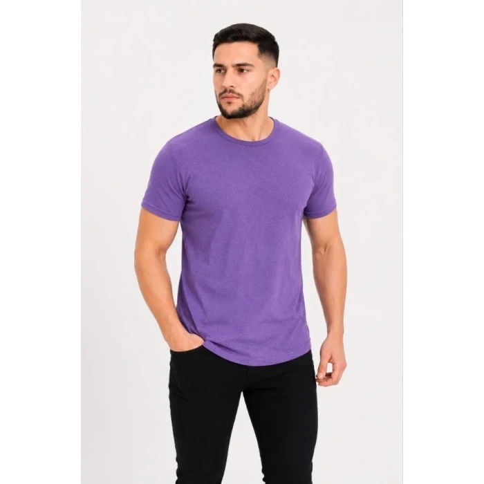 Erkek Basic Tişört Bisiklet Yaka Kısa Kol Günlük Yazlık Slim Fit T-shirt - Mor