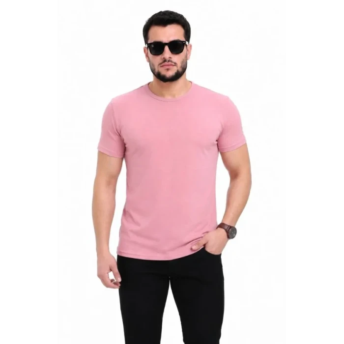 Erkek Basic Tişört Bisiklet Yaka Kısa Kol Günlük Yazlık Slim Fit T-shirt - Pembe