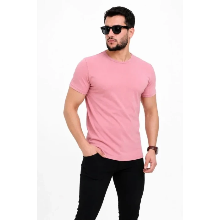 Erkek Basic Tişört Bisiklet Yaka Kısa Kol Günlük Yazlık Slim Fit T-shirt - Pembe