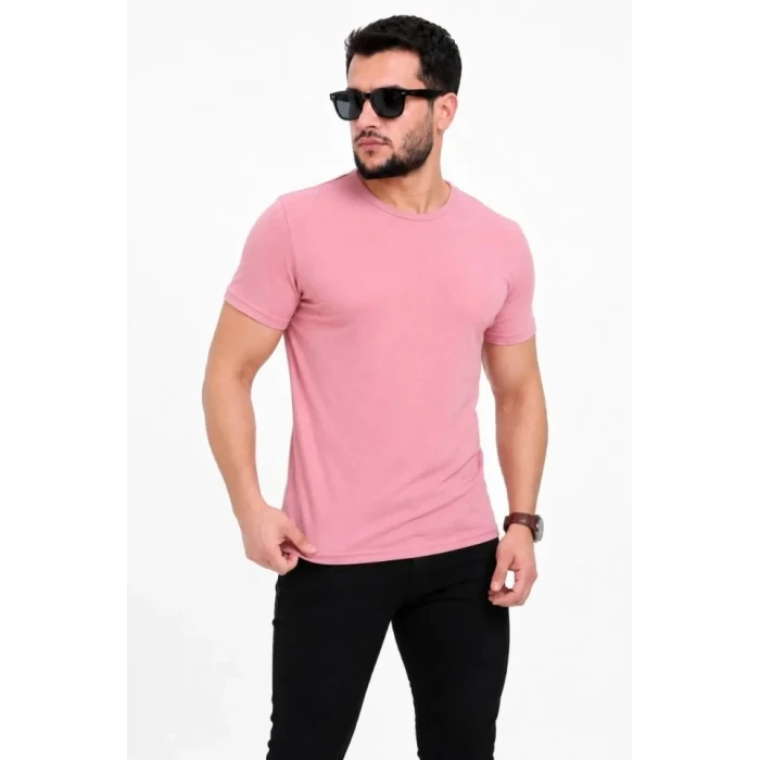 Erkek Basic Tişört Bisiklet Yaka Kısa Kol Günlük Yazlık Slim Fit T-shirt - Pembe