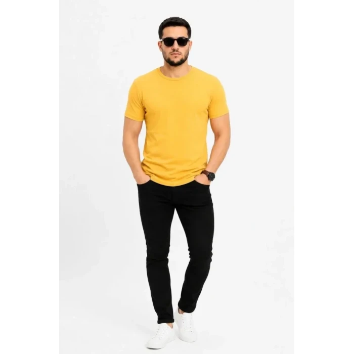 Erkek Basic Tişört Bisiklet Yaka Kısa Kol Günlük Yazlık Slim Fit T-shirt - Sarı