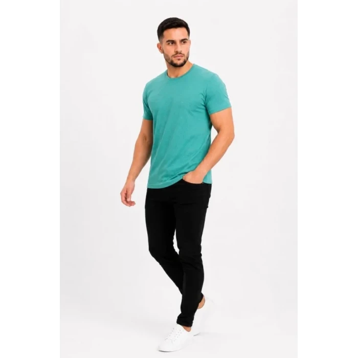 Erkek Basic Tişört Bisiklet Yaka Kısa Kol Günlük Yazlık Slim Fit T-shirt - Su Yeşili