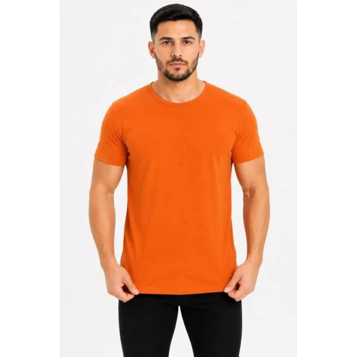 Erkek Basic Tişört Bisiklet Yaka Kısa Kol Günlük Yazlık Slim Fit T-shirt - Turuncu