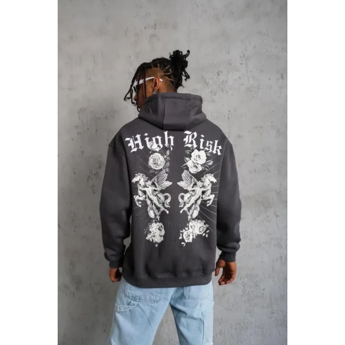 Erkek Baskılı Kapşonlu Sweat - Füme