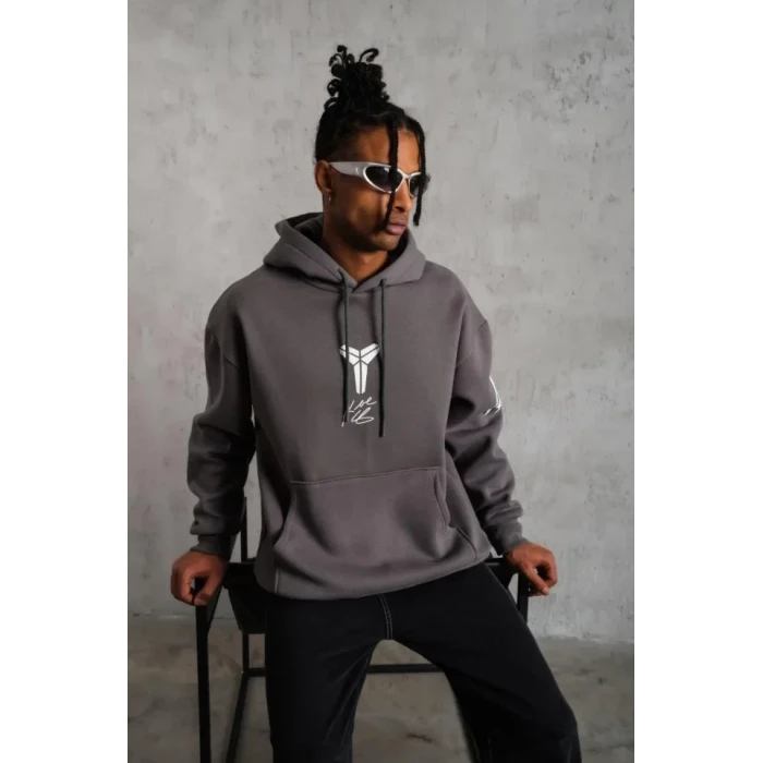 Erkek Baskılı Kapüşonlu Sweat - Gri