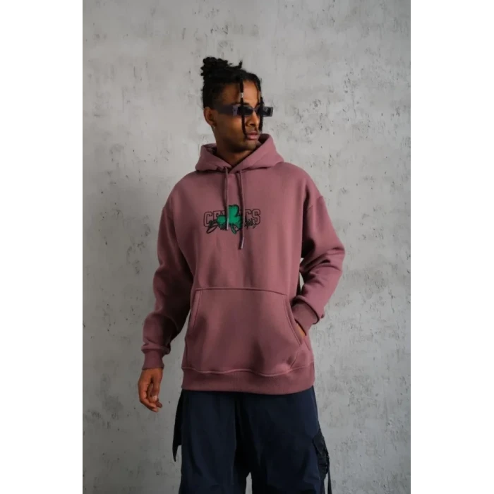 Erkek Baskılı Kapüşonlu Ve Kordon İpli Sweat - Gül Kurusu