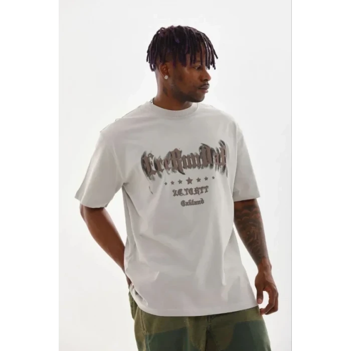 Erkek Baskılı T-shirt Kısa Kol Bisiklet Yaka Regular Fit Rahat Kalıp Günlük Tişört - Gri