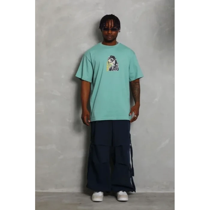 Erkek Baskılı T-shirt Kısa Kol Bisiklet Yaka Regular Fit Rahat Kalıp Günlük Tişört - Mint Yeşili