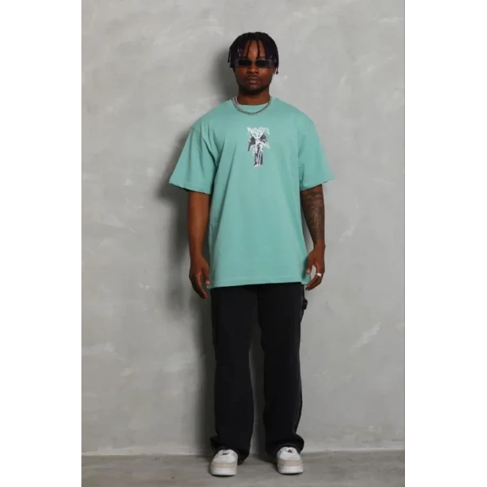 Erkek Baskılı T-shirt Kısa Kol Bisiklet Yaka Regular Fit Rahat Kalıp Günlük Tişört - Mint Yeşili
