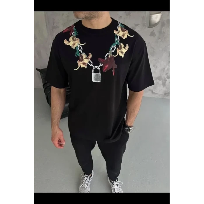Erkek Baskılı T-shirt Kısa Kol Bisiklet Yaka Regular Fit Rahat Kalıp Günlük Tişört - Siyah