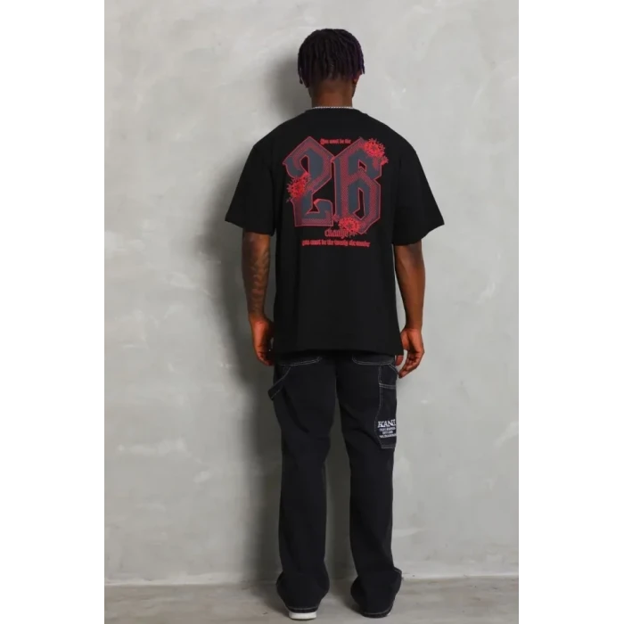 Erkek Baskılı Tişort Kısa Kol Bisiklet Yaka Ovarsize T-shirt - Siyah