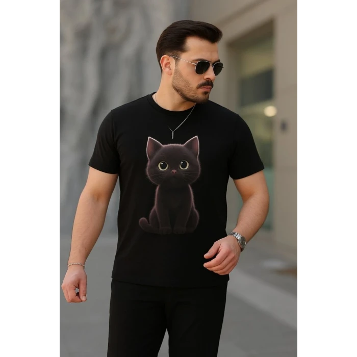 Erkek Bisiklet Yaka Kedi Baskılı Süprem T-shirt