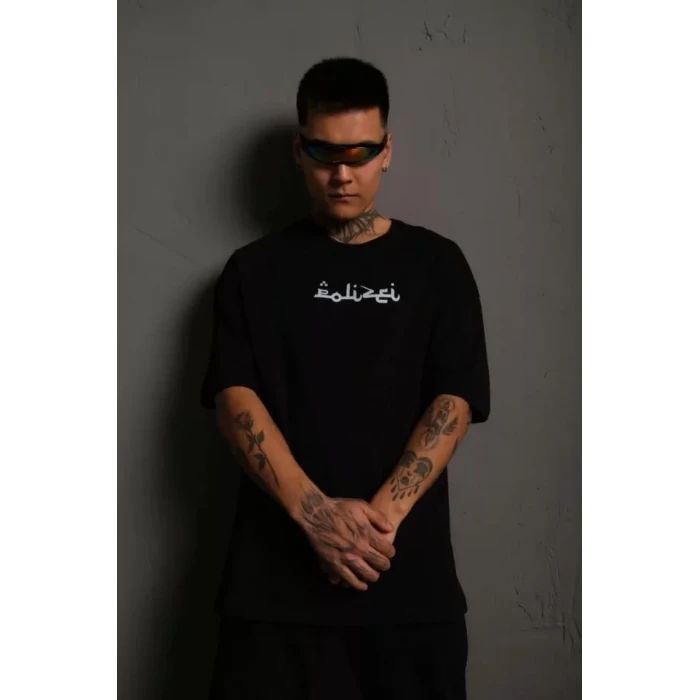 Erkek Bisiklet Yakalı Sırt Baskılı Oversize T-shirt - Siyah