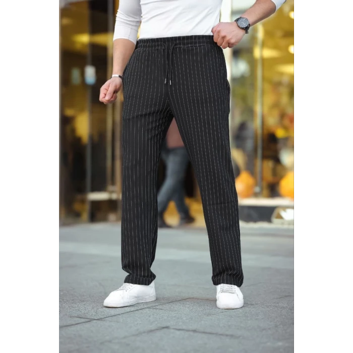 Erkek Cizgili Dokuma Krep Jogger Buggy Pantalon Rahat Kalıp - Siyah