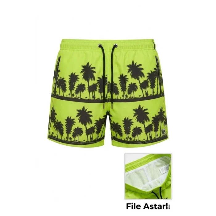 Erkek Deniz Şortu Fermuarlı Cepli File Astarlı Hızlı Kuruyan Premium - Neon Yeşili