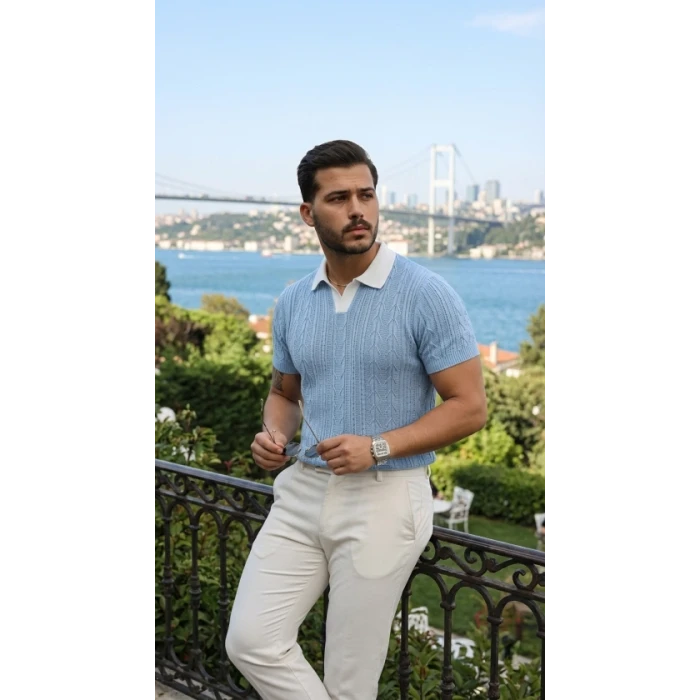 Erkek Desenli Kısa Kollu Triko Tişört - %100 Pamuk Akrilik