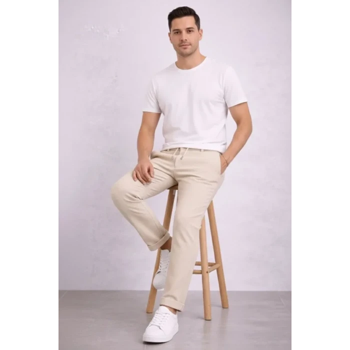 Erkek Diagonel Mikro Dokulu Duble Paça Cepli Pantolon Bağcıklı Bel, Modern Kesim - Krem