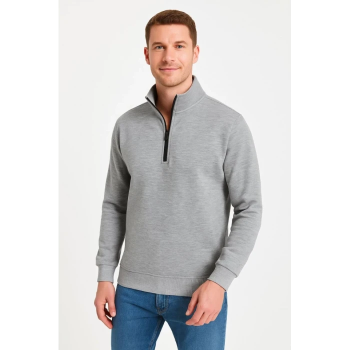 Erkek Dik Yaka Sweatshirt Dik Yaka Yarım Fermuarlı 3 İplik Şardonlu Pamuk Kumaş - Gri