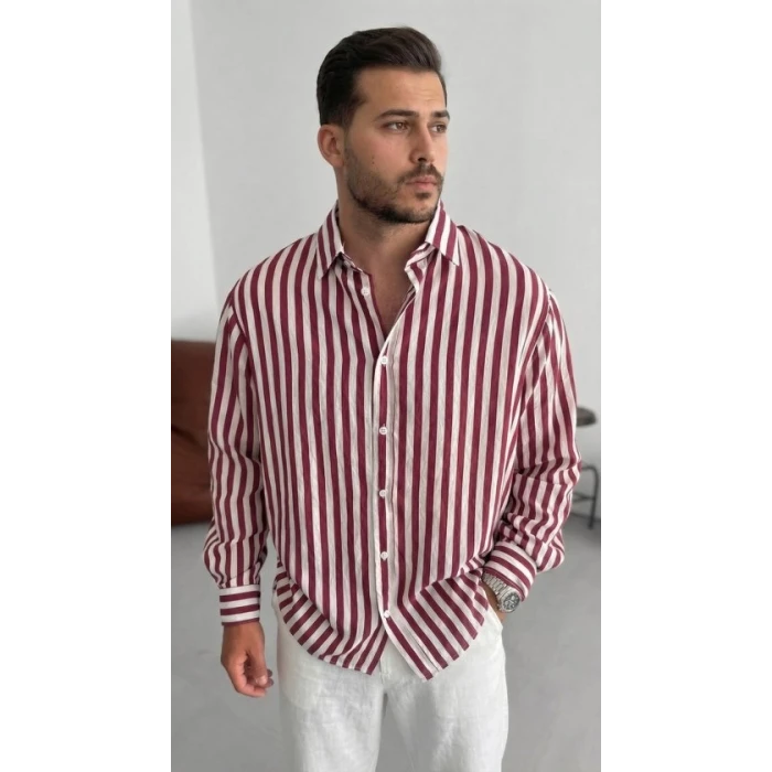 Erkek Dikey Çizgili Yarım Oversize Gömlek