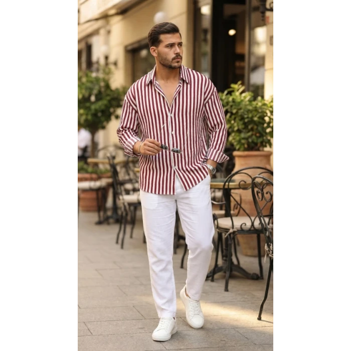 Erkek Dikey Çizgili Yarım Oversize Gömlek