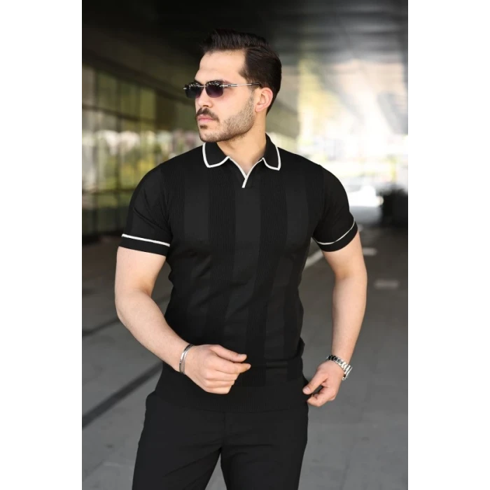 Erkek Dokulu Desen Yakalı Kısa Kollu Tişört