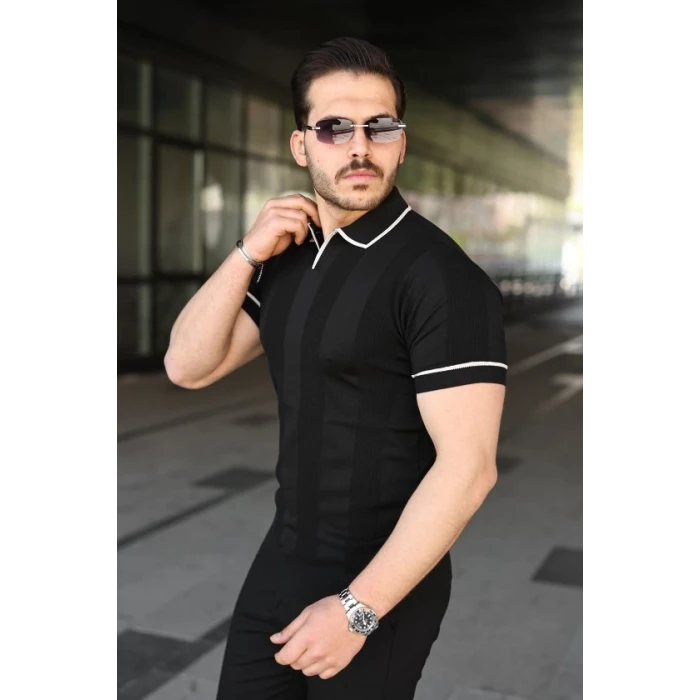Erkek Dokulu Desen Yakalı Kısa Kollu Tişört
