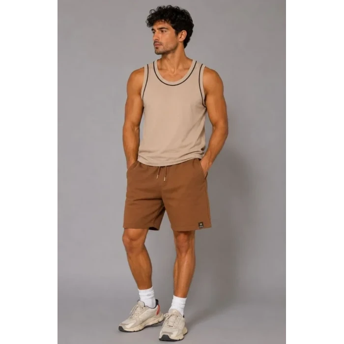 Erkek Dokuma Kumaş Cepli Bağcıklı Regular Fit Yazlık Şort - Kahverengi