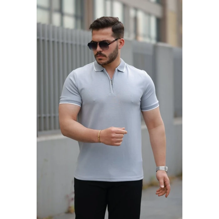 Erkek Fermuar Yakalı Çizgi Detaylı Kısa Kollu Tişört