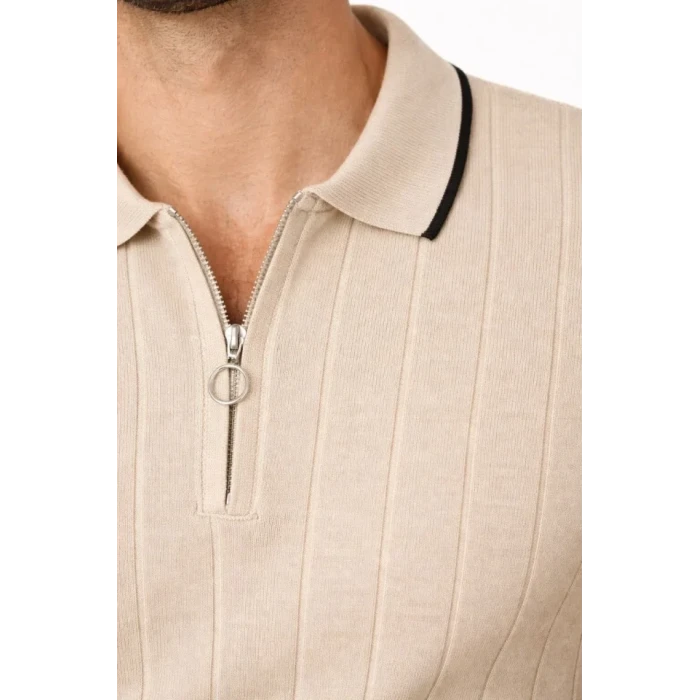 Erkek Fermuarlı Yaka Fitilli Triko Kısa Kollu Regular Fit Tişört T-shirt - Bej