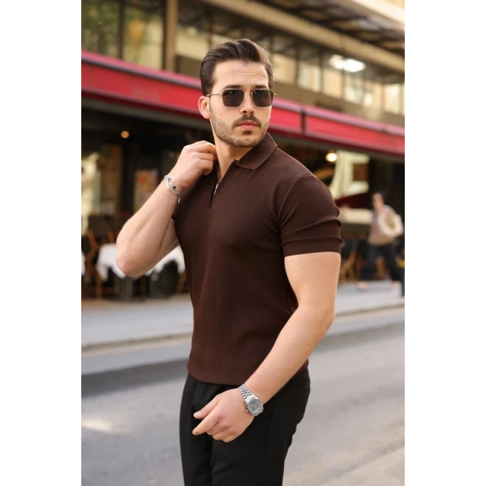 Erkek Fermuarlı Yakalı Kısa Kollu Tshirt