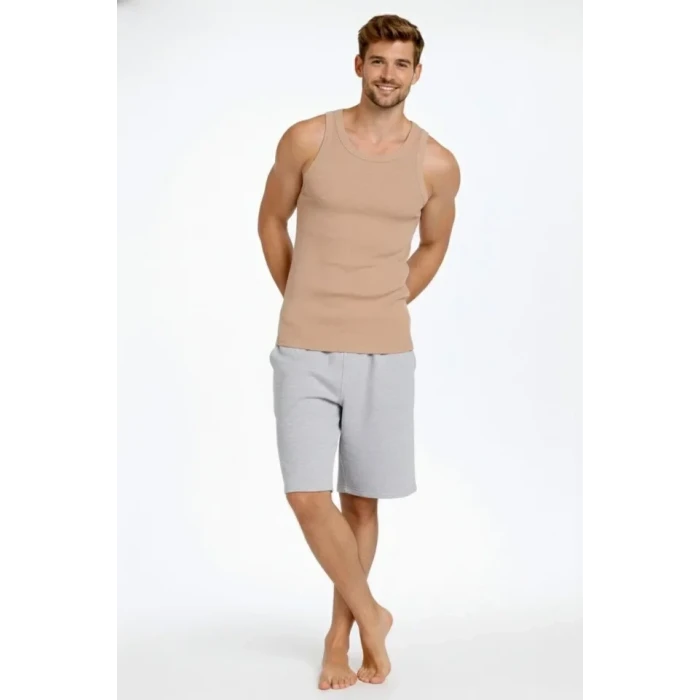 Erkek Fitilli Atlet Sıfır Yaka Slim Fit Arka Baskılı Spor Atlet - Bej