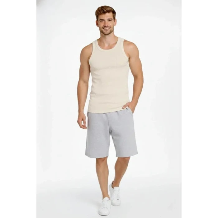 Erkek Fitilli Atlet Sıfır Yaka Slim Fit Arka Baskılı Spor Atlet - Krem