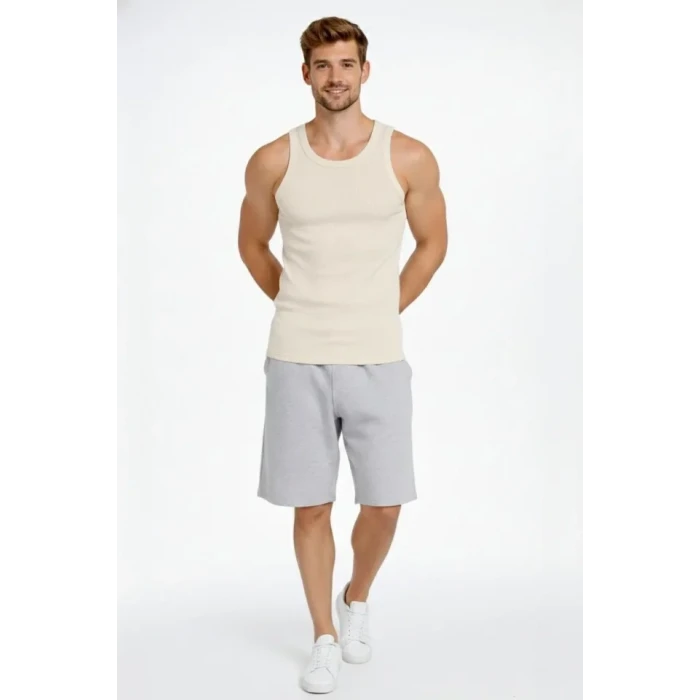 Erkek Fitilli Atlet Sıfır Yaka Slim Fit Arka Baskılı Spor Atlet - Krem